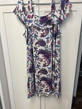 French Laundry White Paisley Off-Shoulder Dress with Blue and Burgundy
